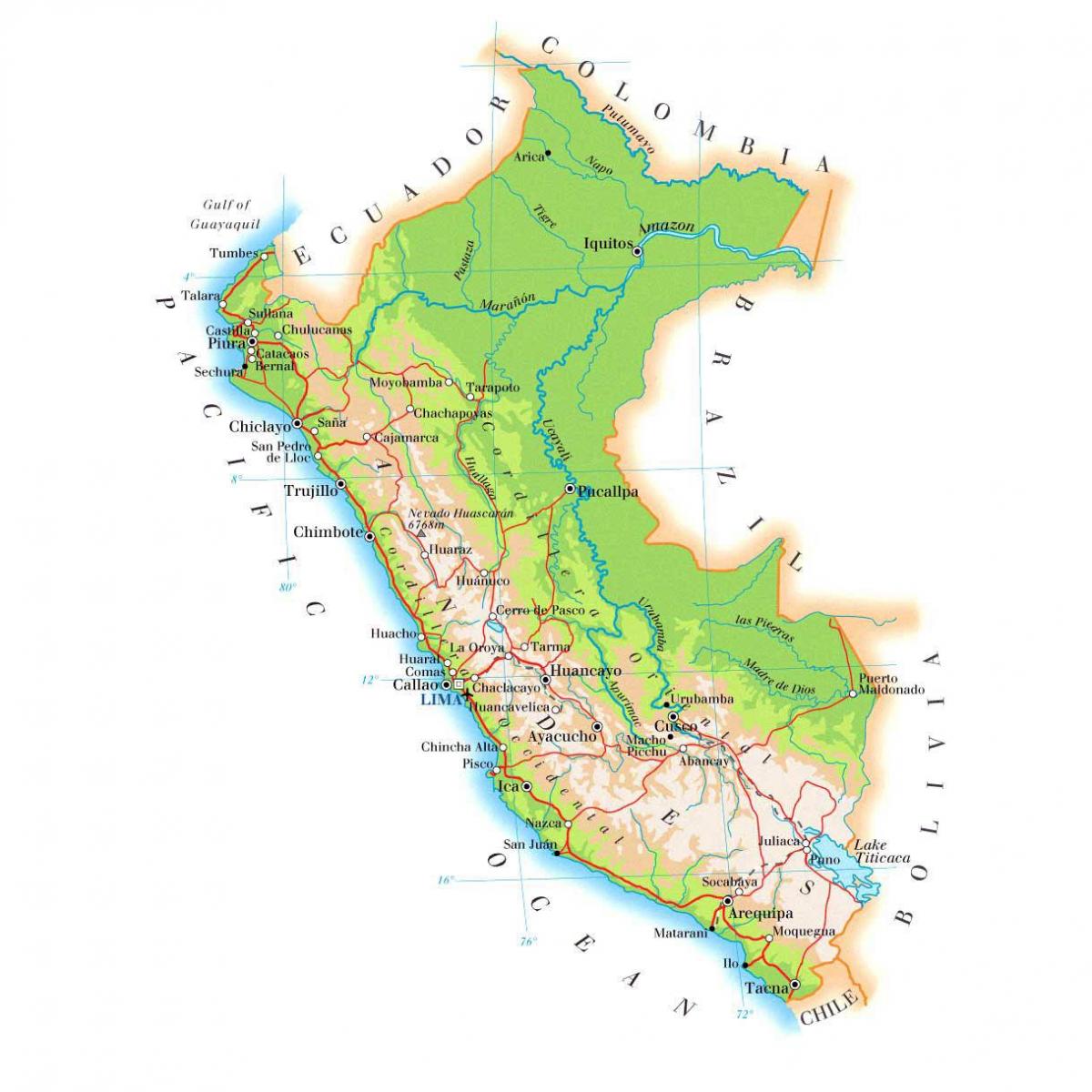 bản đồ của bản đồ vật lý của Peru